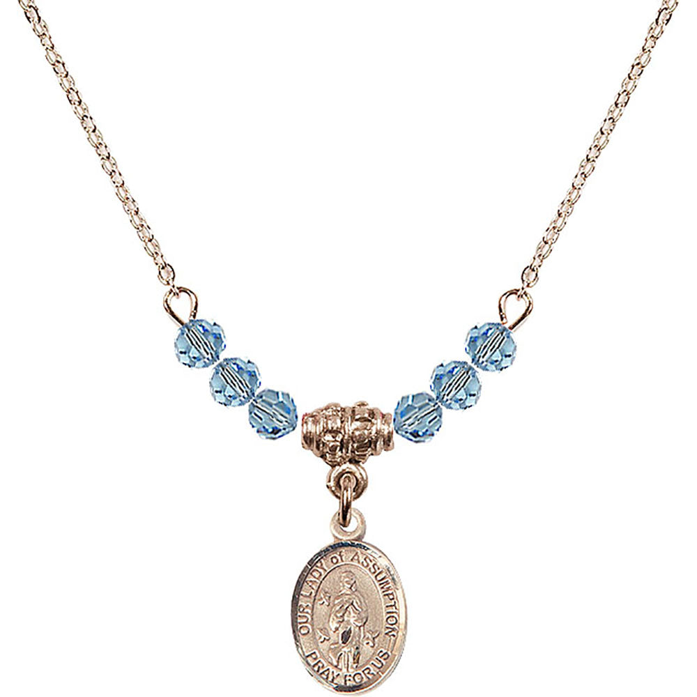 14kt Gold Filled Our Lady of Assumption Birthstone Necklace with Aqua Beads - 9388