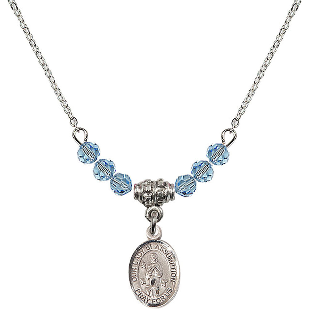 Sterling Silver Our Lady of Assumption Birthstone Necklace with Aqua Beads - 9388