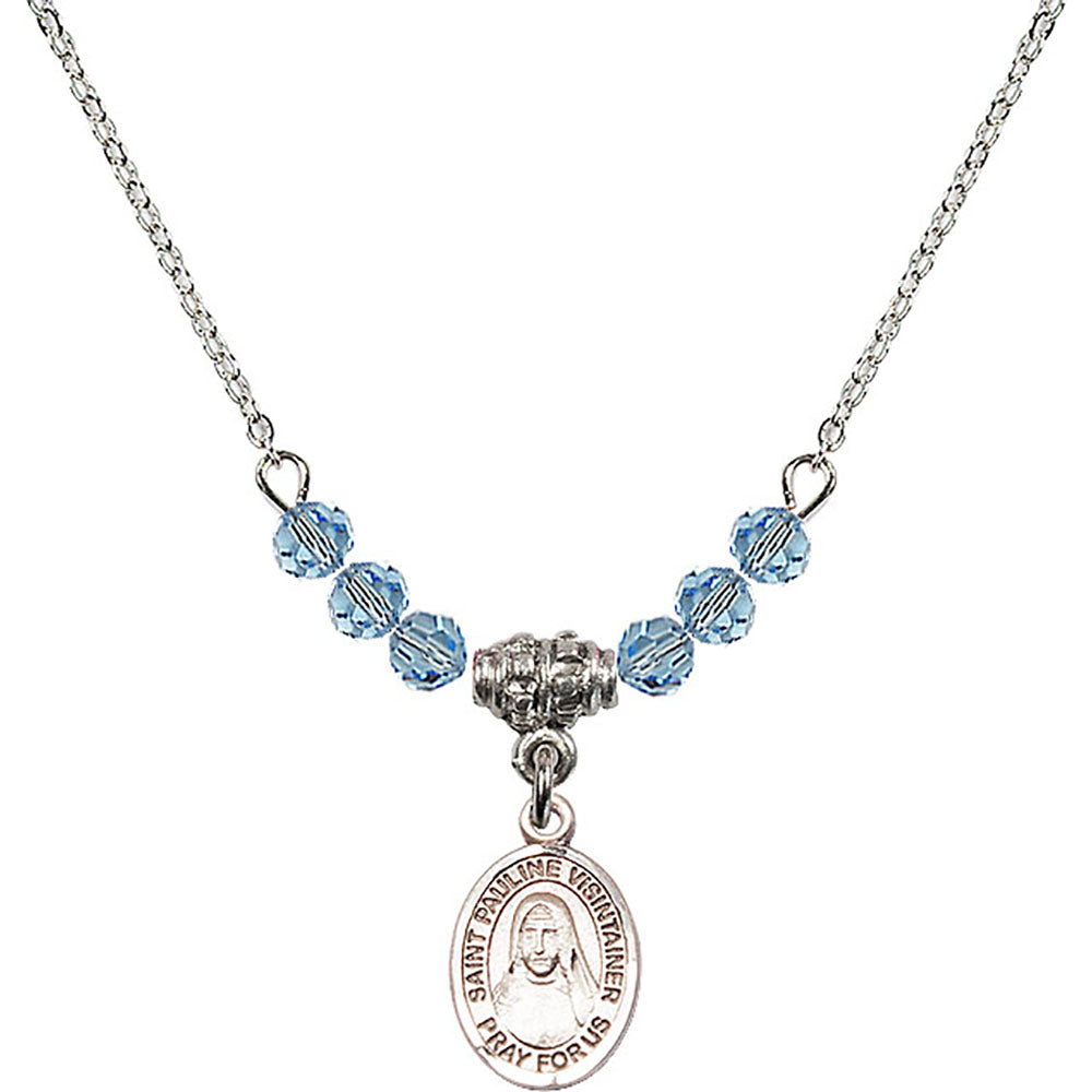 Sterling Silver Saint Pauline Visintainer Birthstone Necklace with Aqua Beads - 9391