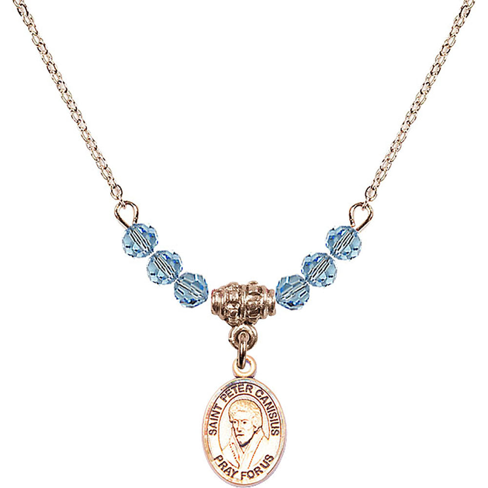 14kt Gold Filled Saint Peter Canisius Birthstone Necklace with Aqua Beads - 9393