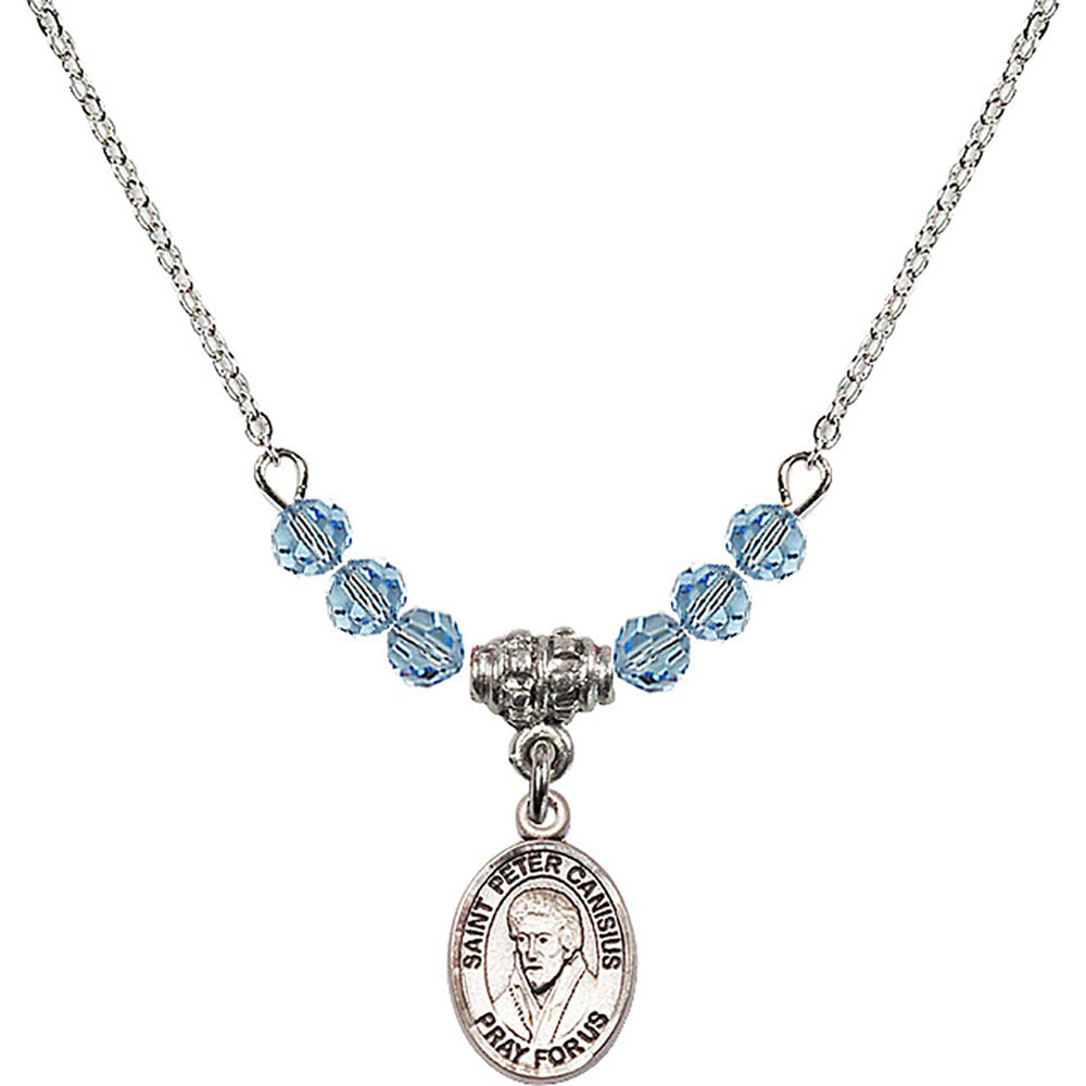 Sterling Silver Saint Peter Canisius Birthstone Necklace with Aqua Beads - 9393