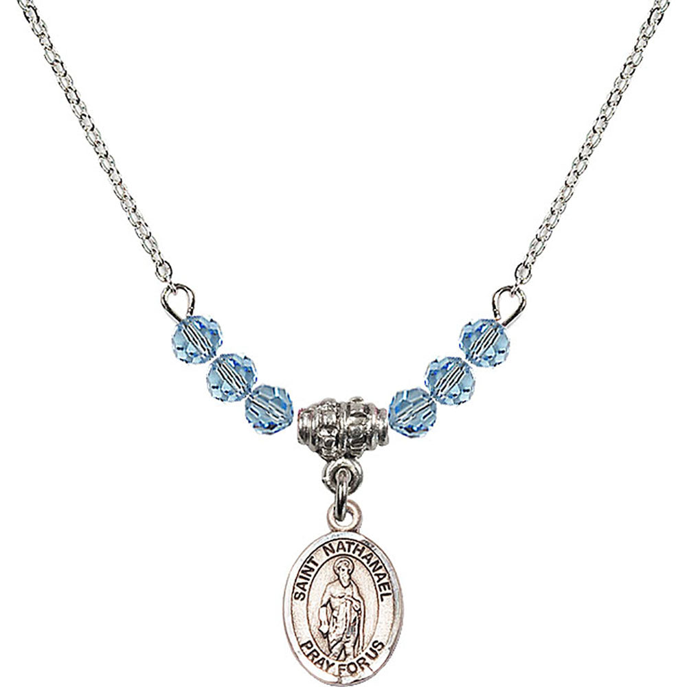Sterling Silver Saint Nathanael Birthstone Necklace with Aqua Beads - 9398
