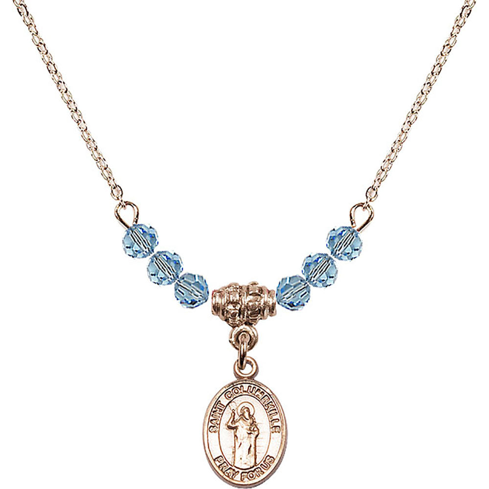 14kt Gold Filled Saint Columbkille Birthstone Necklace with Aqua Beads - 9399