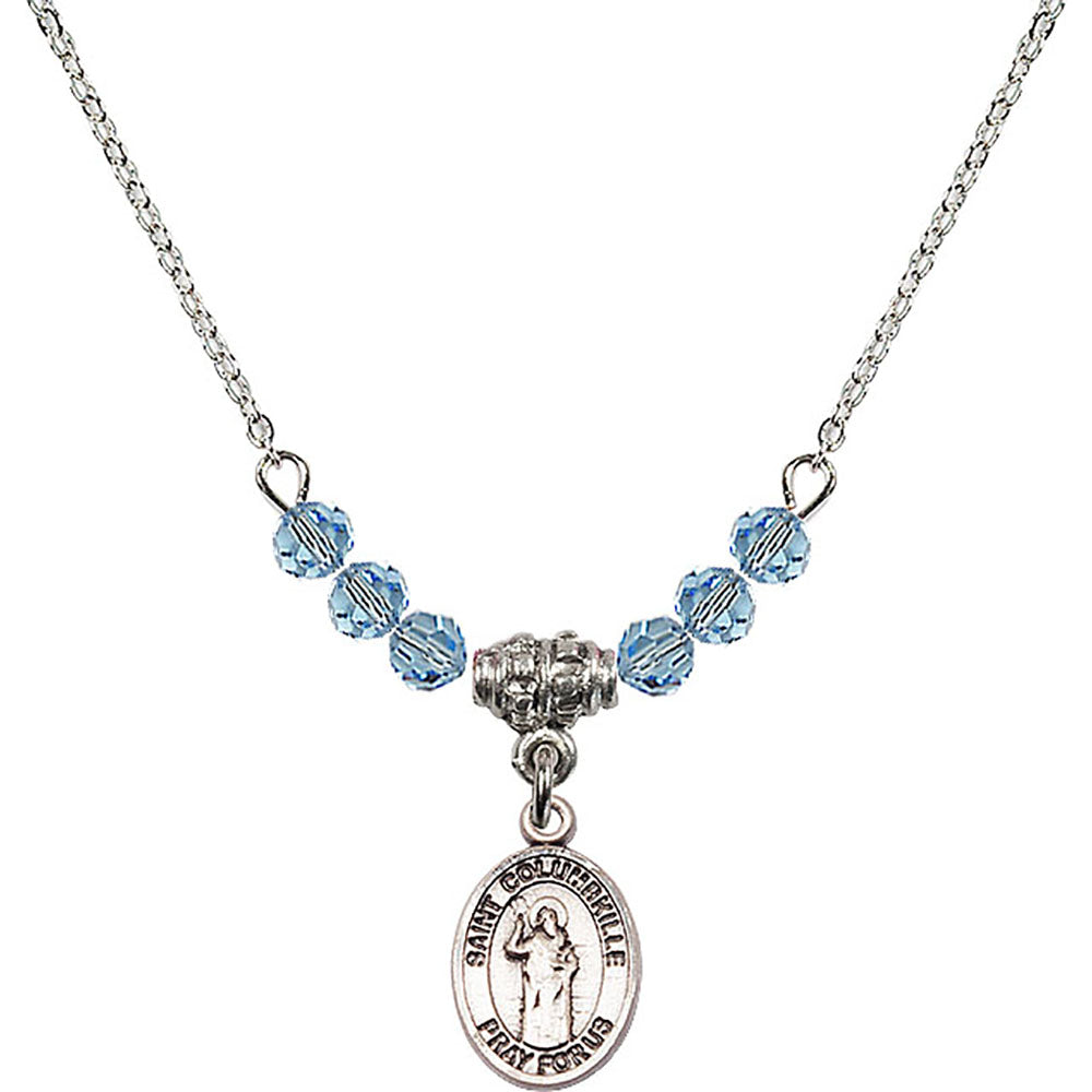 Sterling Silver Saint Columbkille Birthstone Necklace with Aqua Beads - 9399