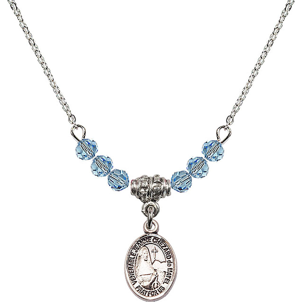 Sterling Silver Saint Jeanne Chezard de Matel Birthstone Necklace with Aqua Beads - 9401