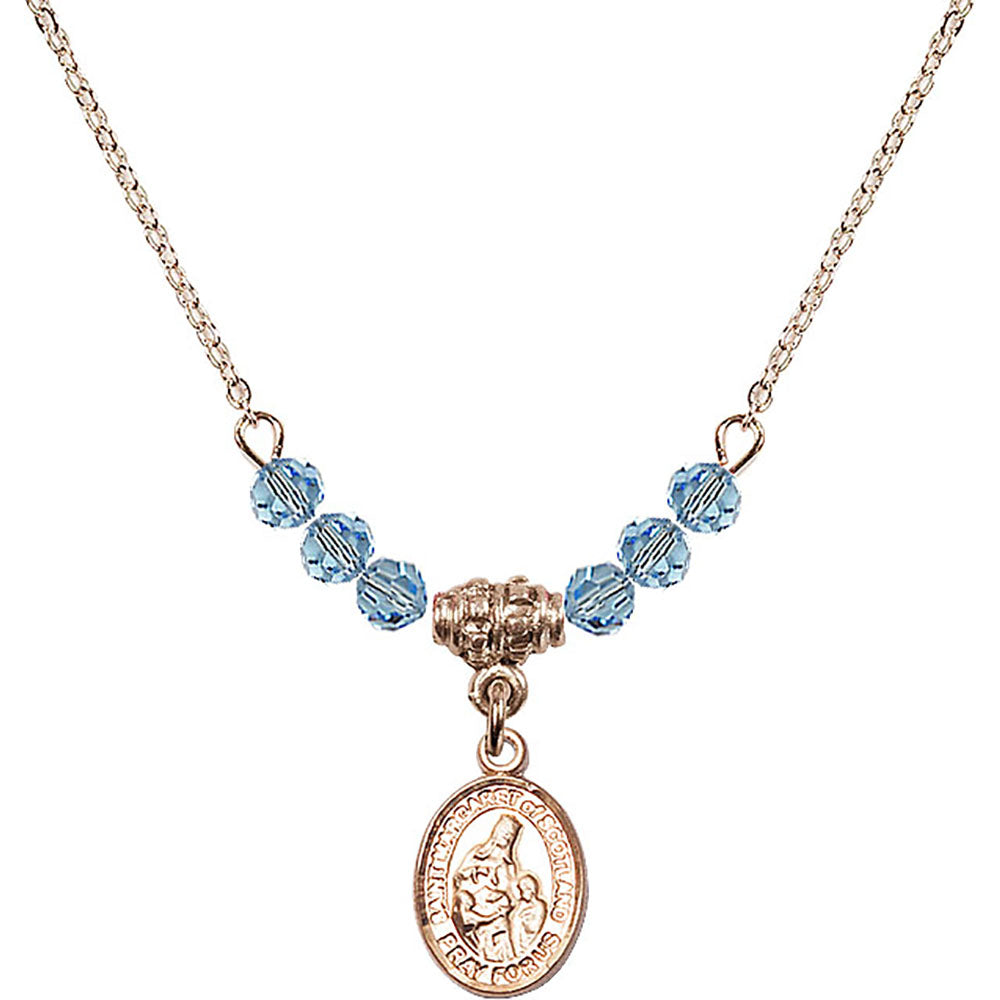 14kt Gold Filled Saint Margaret of Scotland Birthstone Necklace with Aqua Beads - 9407