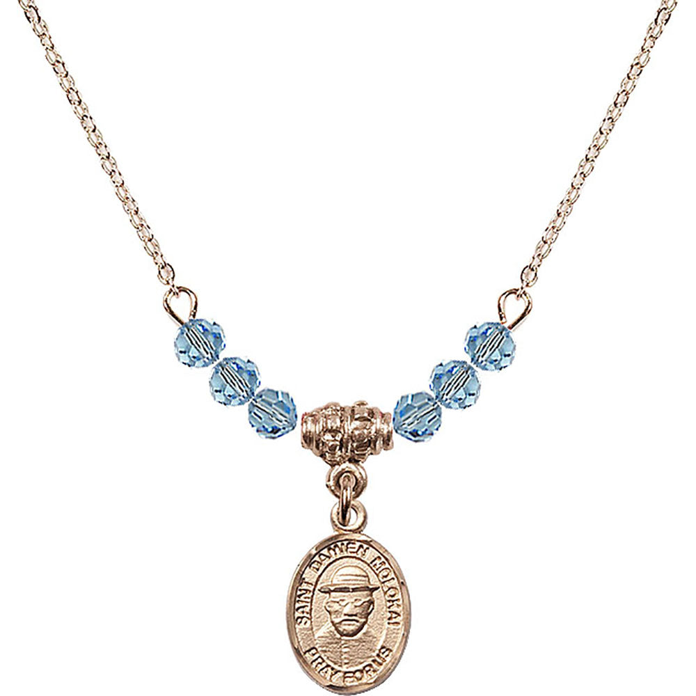 14kt Gold Filled Saint Damien of Molokai Birthstone Necklace with Aqua Beads - 9412