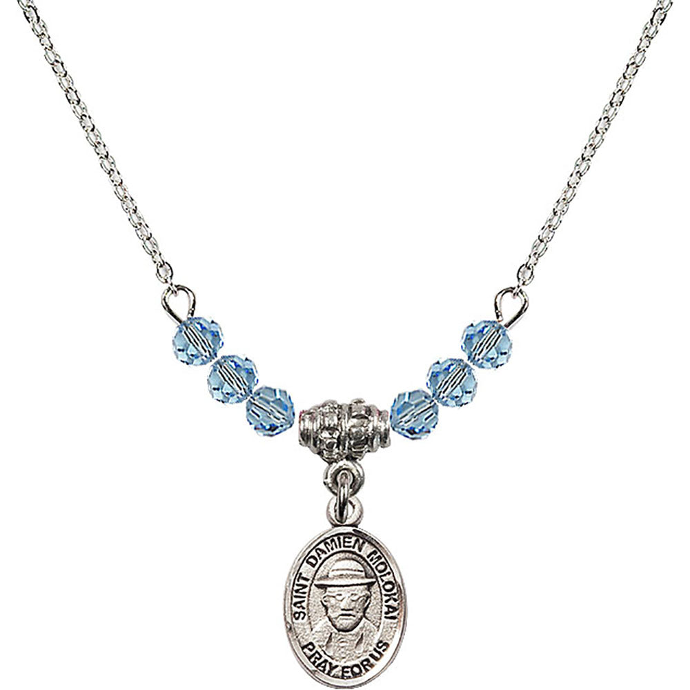 Sterling Silver Saint Damien of Molokai Birthstone Necklace with Aqua Beads - 9412