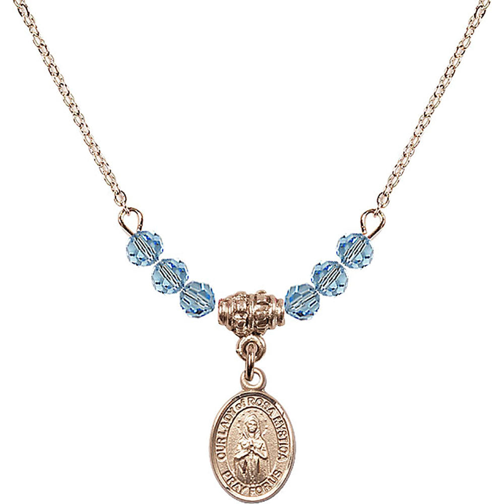 14kt Gold Filled Our Lady of Rosa Mystica Birthstone Necklace with Aqua Beads - 9413