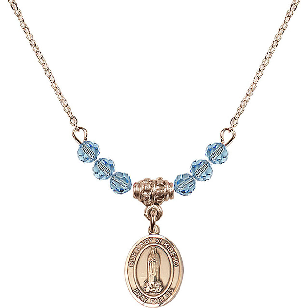 14kt Gold Filled Our Lady of Kibeho Birthstone Necklace with Aqua Beads - 9414