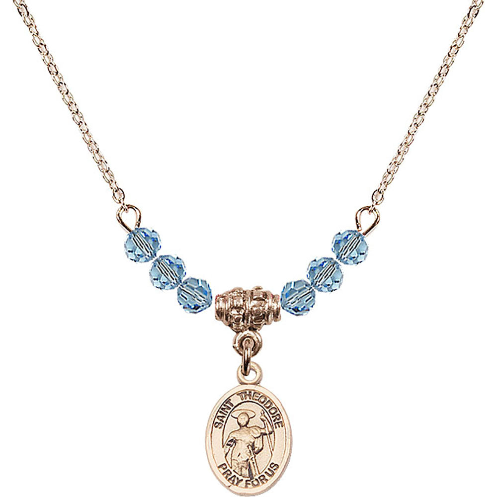 14kt Gold Filled Saint Theodore Stratelates Birthstone Necklace with Aqua Beads - 9415
