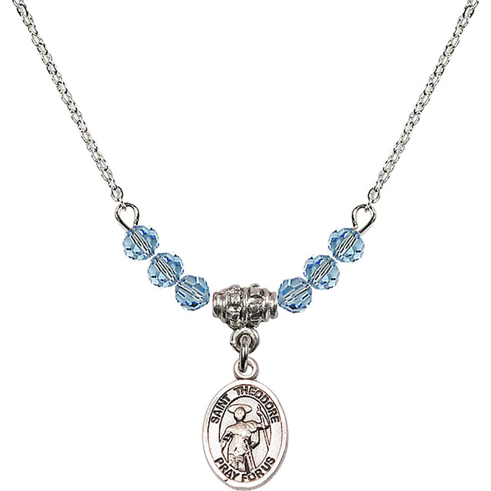 Sterling Silver Saint Theodore Stratelates Birthstone Necklace with Aqua Beads - 9415
