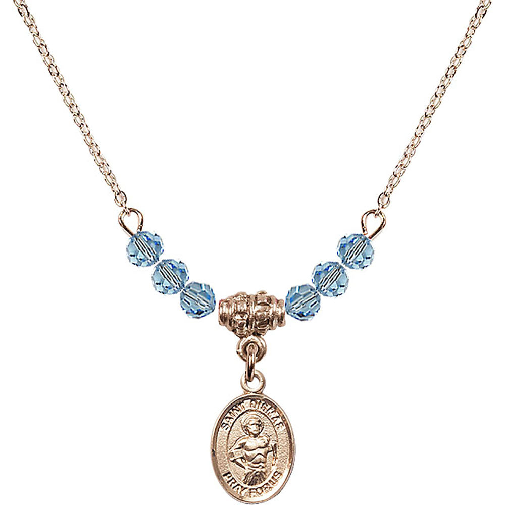 14kt Gold Filled Saint Dismas Birthstone Necklace with Aqua Beads - 9418