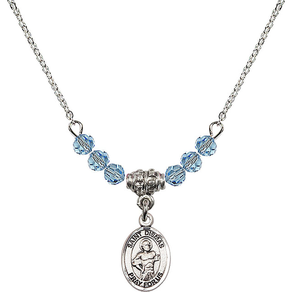 Sterling Silver Saint Dismas Birthstone Necklace with Aqua Beads - 9418