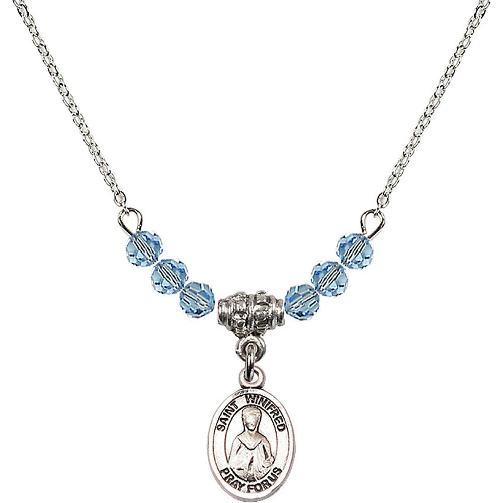 Sterling Silver Saint Winifred of Wales Birthstone Necklace with Aqua Beads - 9419