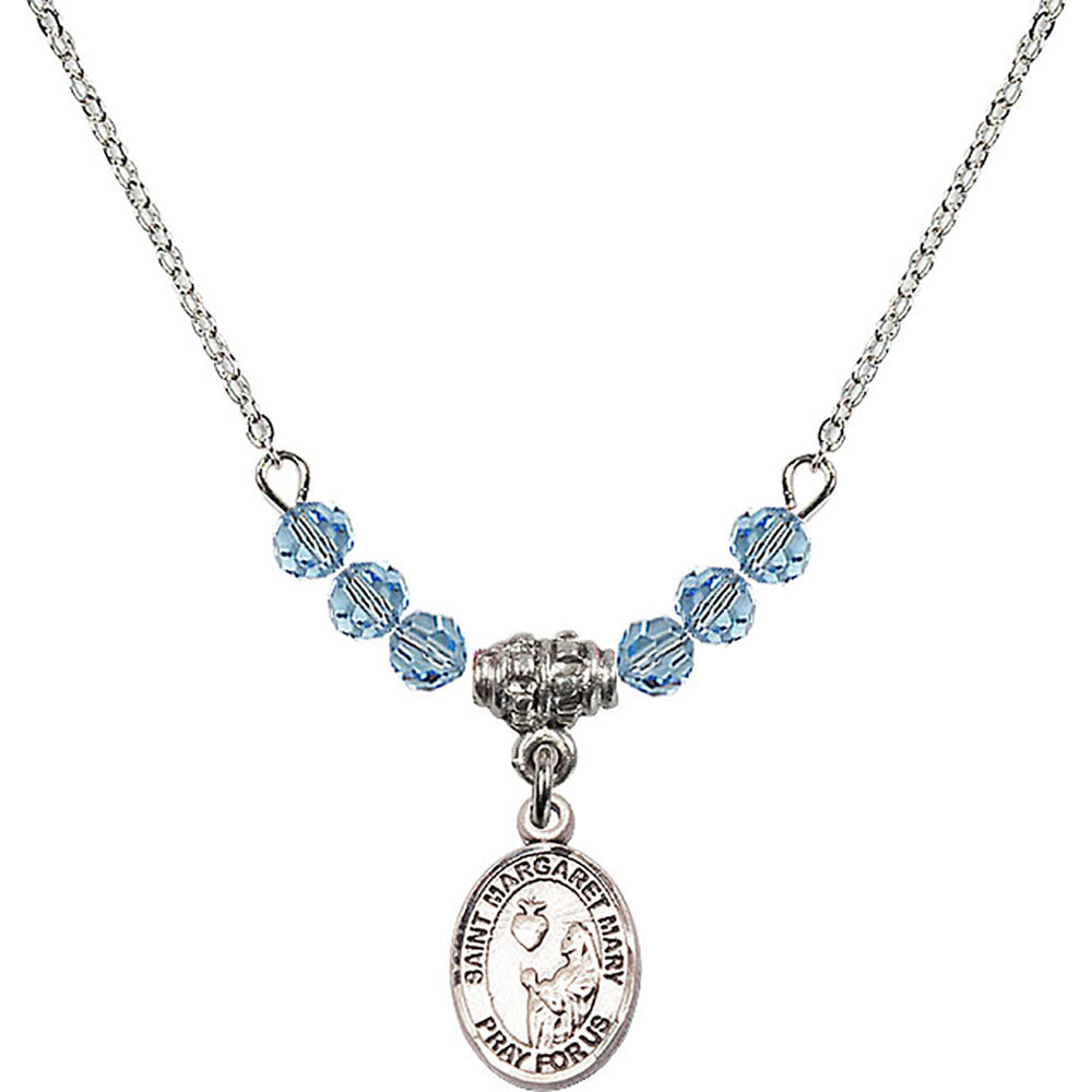 Sterling Silver Saint Margaret Mary Alacoque Birthstone Necklace with Aqua Beads - 9420