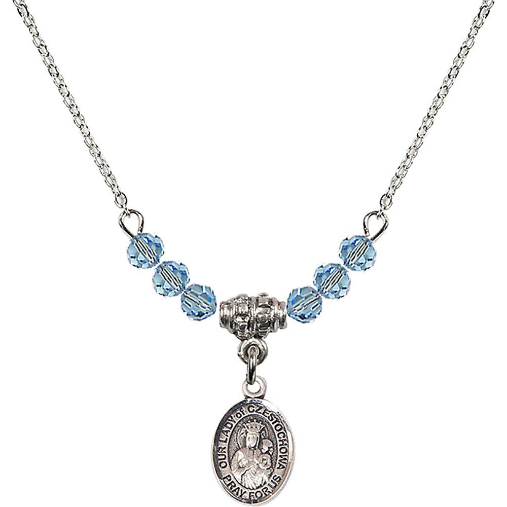 Sterling Silver Our Lady of Czestochowa Birthstone Necklace with Aqua Beads - 9421