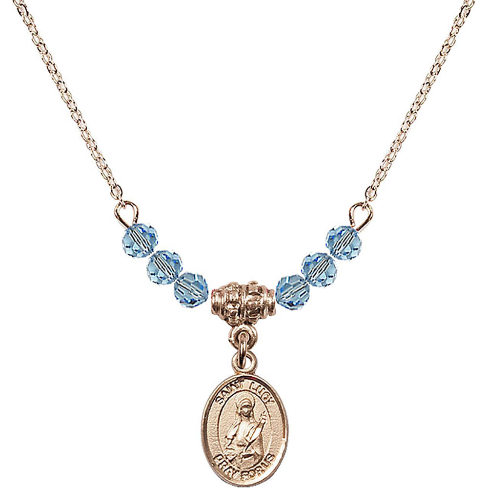 14kt Gold Filled Saint Lucy Birthstone Necklace with Aqua Beads - 9422