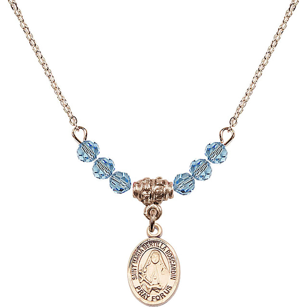 14kt Gold Filled Saint Maria Bertilla Boscardin Birthstone Necklace with Aqua Beads - 9428