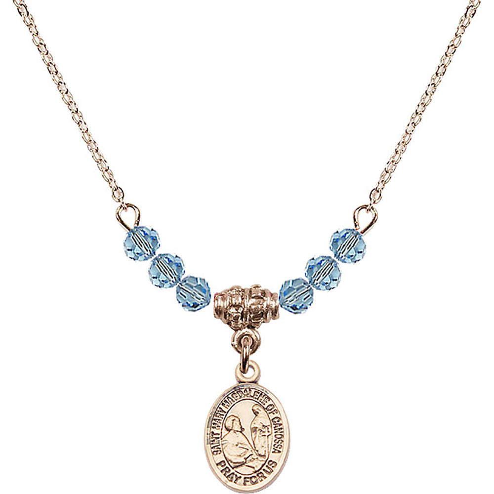 14kt Gold Filled Saint Mary Magdalene of Canossa Birthstone Necklace with Aqua Beads - 9429