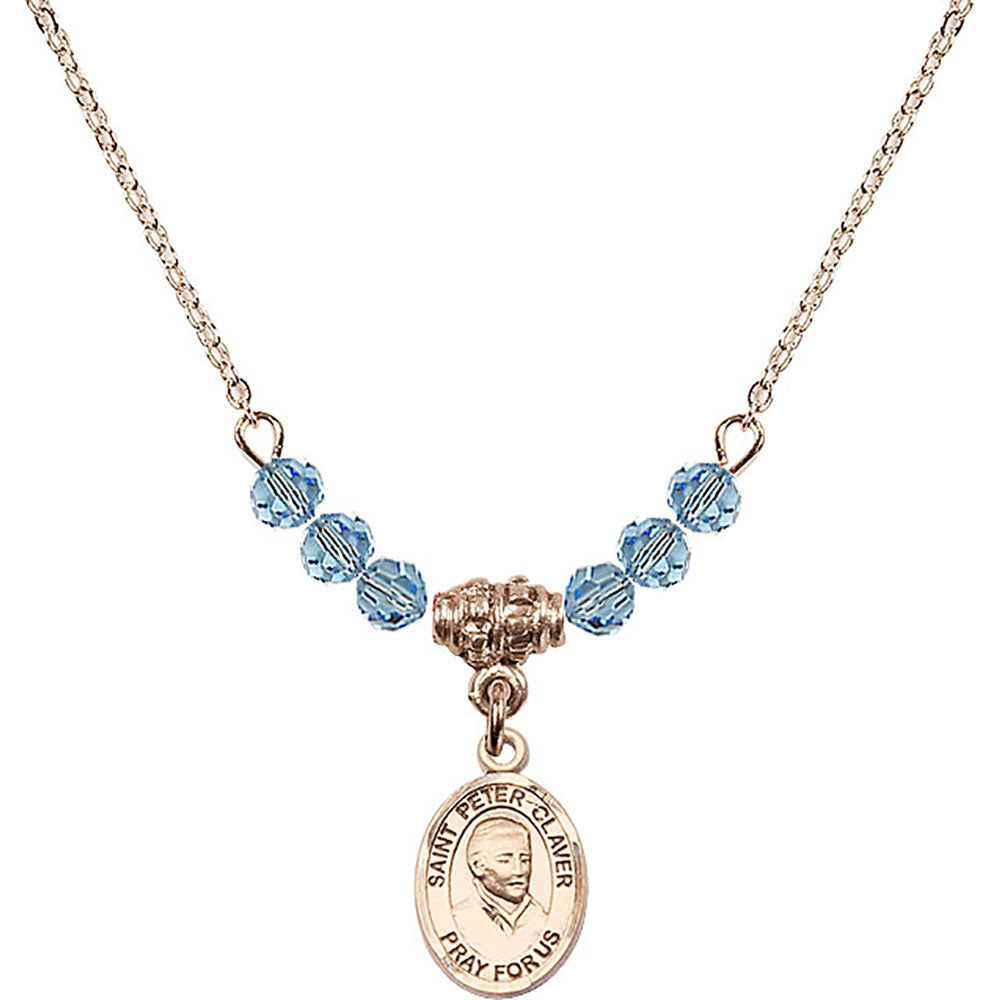 14kt Gold Filled Saint Peter Claver Birthstone Necklace with Aqua Beads - 9442