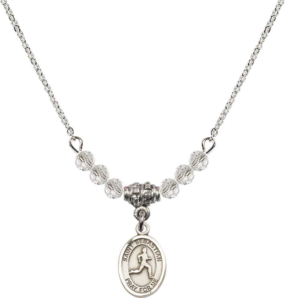Sterling Silver Saint Sebastian/Track & Field Birthstone Necklace with Crystal Beads - 9176