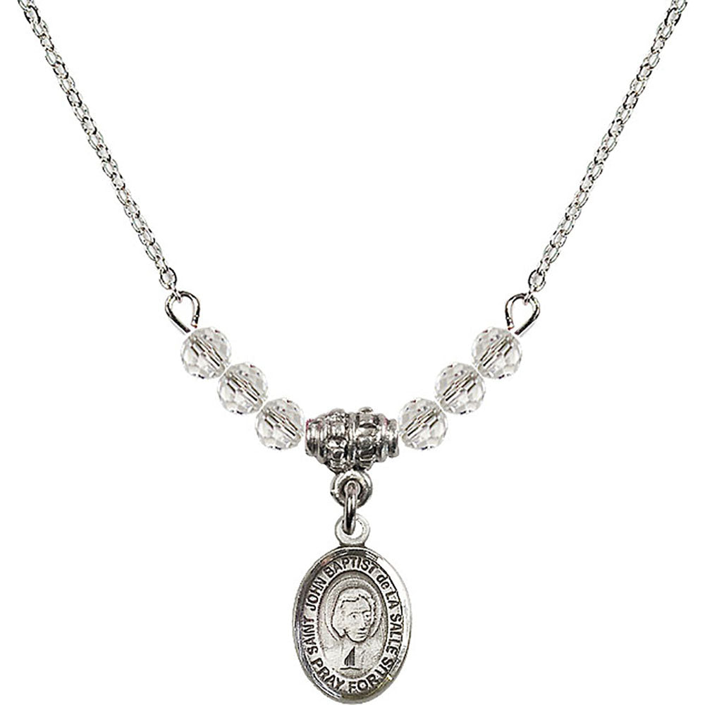 Sterling Silver Saint John Baptist de la Salle Birthstone Necklace with Crystal Beads - 9262