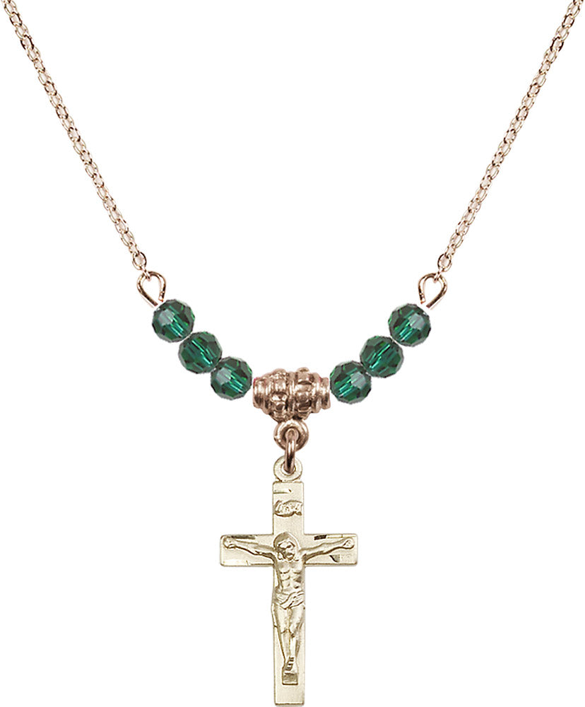 14kt Gold Filled Crucifix Birthstone Necklace with Emerald Beads - 0001