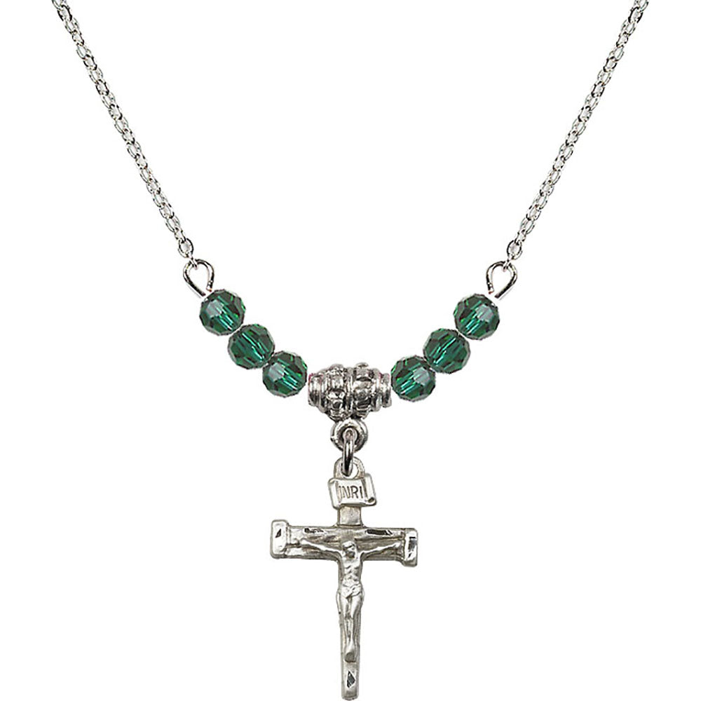 Sterling Silver Nail Crucifix Birthstone Necklace with Emerald Beads - 0072