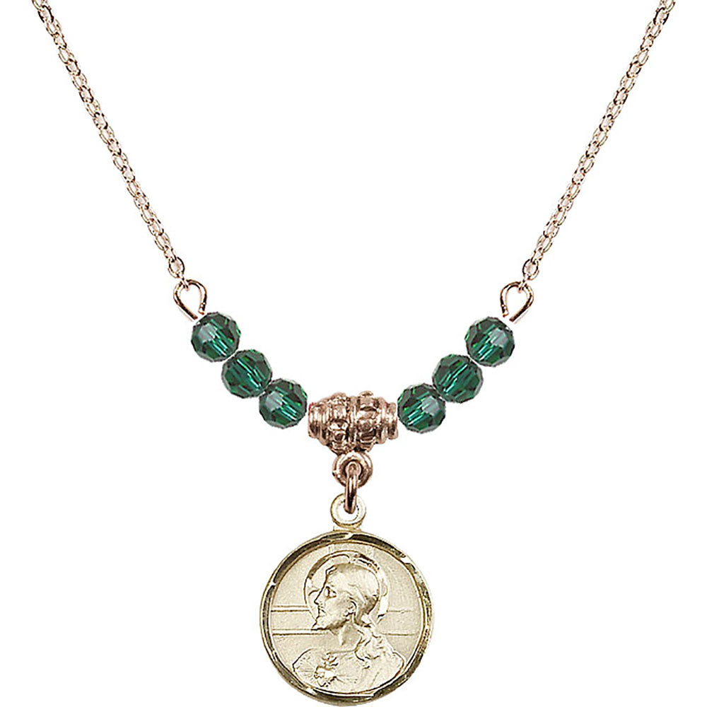 14kt Gold Filled Scapular Birthstone Necklace with Emerald Beads - 0601