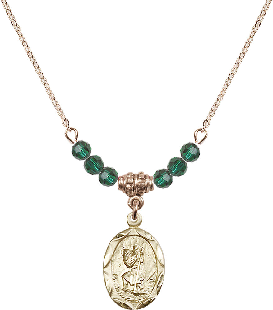 14kt Gold Filled Saint Christopher Birthstone Necklace with Emerald Beads - 0612