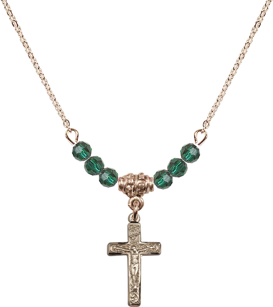 14kt Gold Filled Crucifix Birthstone Necklace with Emerald Beads - 0672
