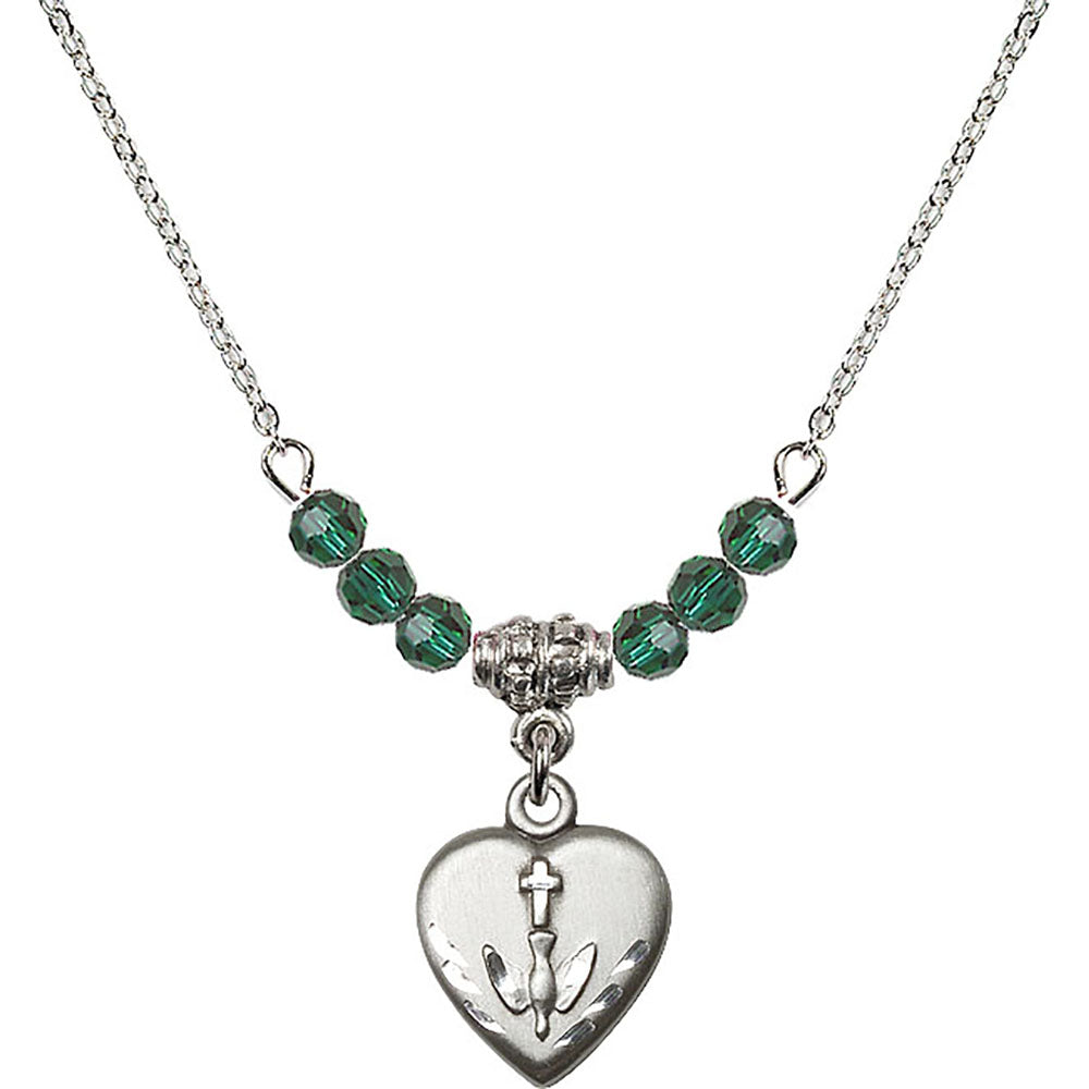 Sterling Silver Heart / Confirmation Birthstone Necklace with Emerald Beads - 0891