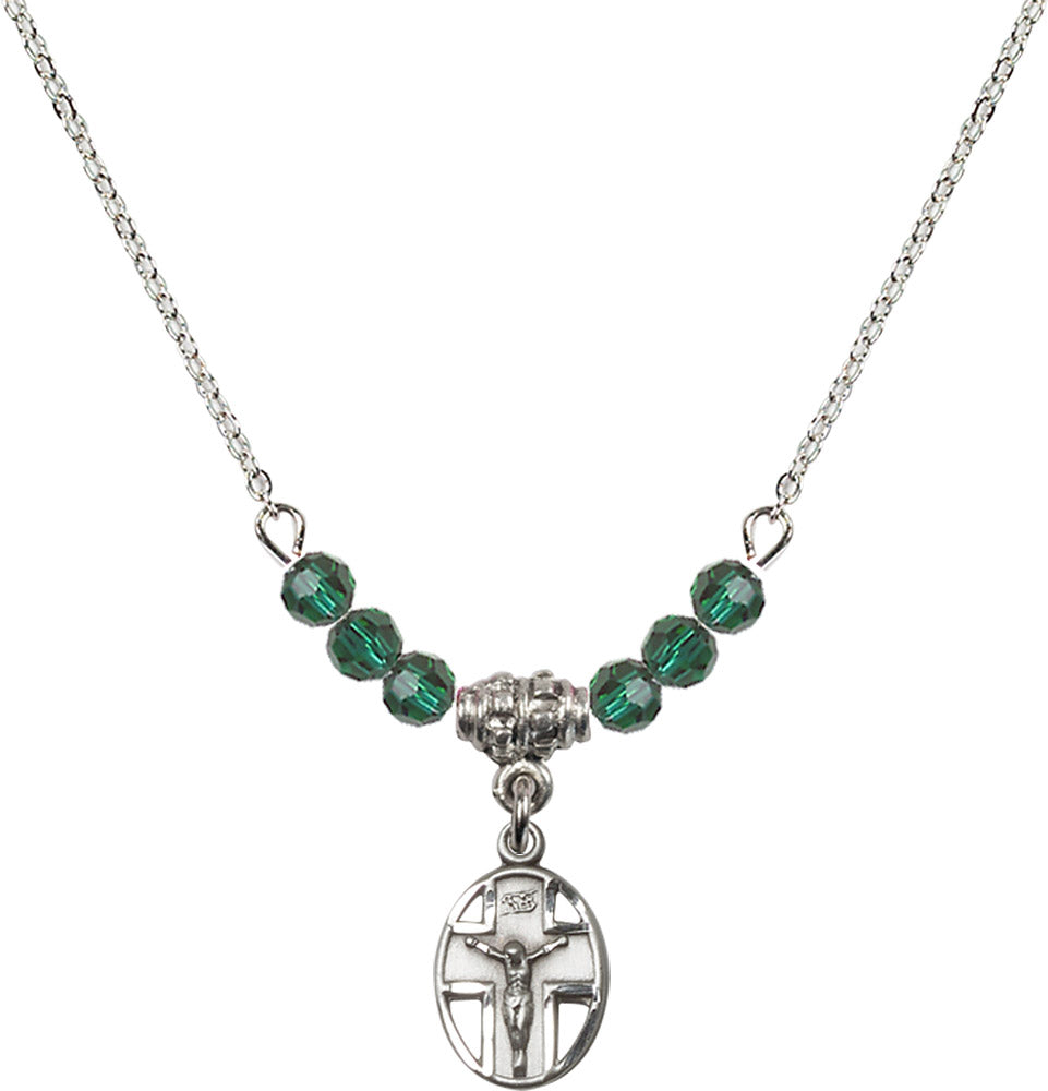 Sterling Silver Crucifix Birthstone Necklace with Emerald Beads - 0978