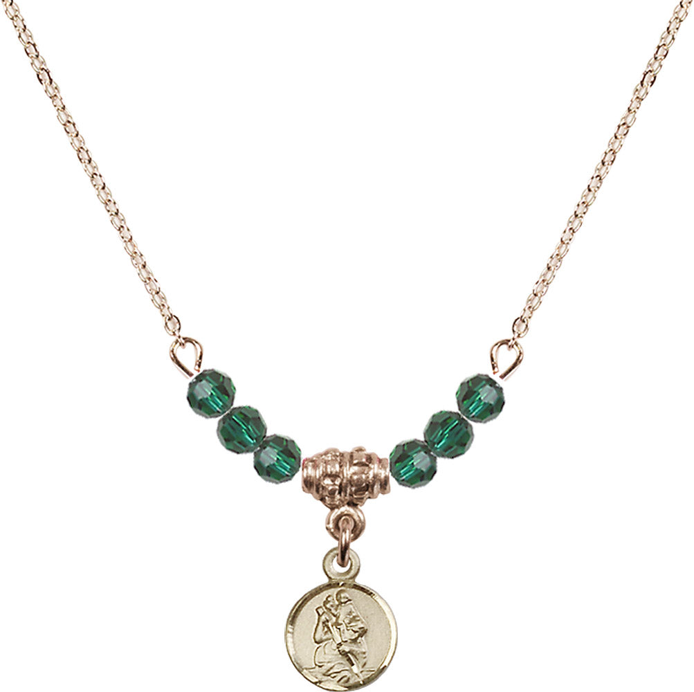14kt Gold Filled Saint Christopher Birthstone Necklace with Emerald Beads - 2343