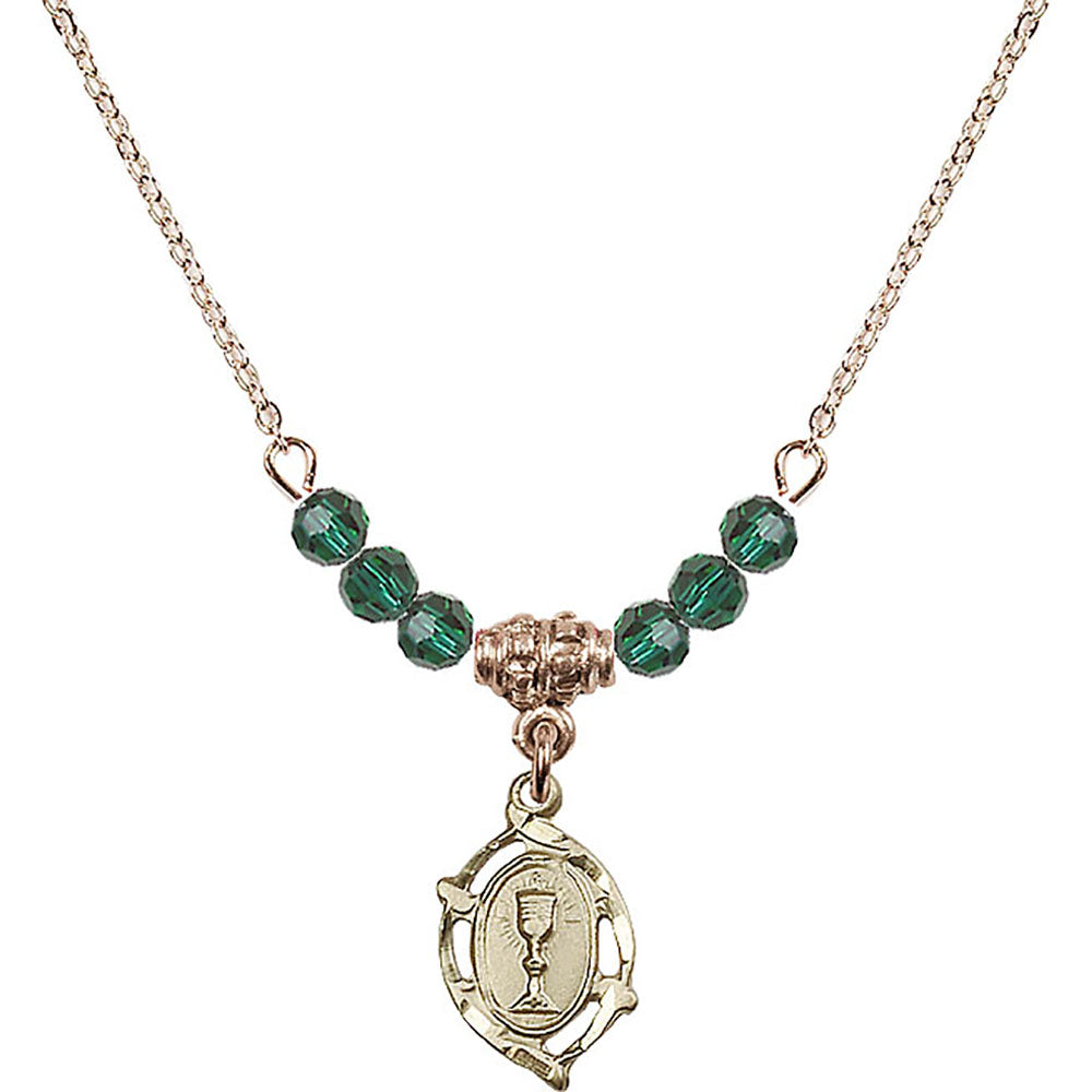 14kt Gold Filled Communion Birthstone Necklace with Emerald Beads - 3019