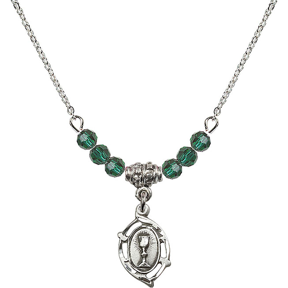 Sterling Silver Communion Birthstone Necklace with Emerald Beads - 3019