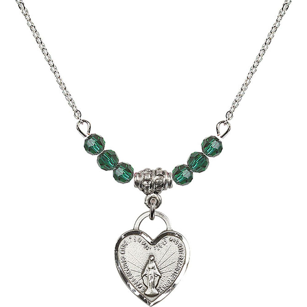 Sterling Silver Miraculous Heart Birthstone Necklace with Emerald Beads - 3401