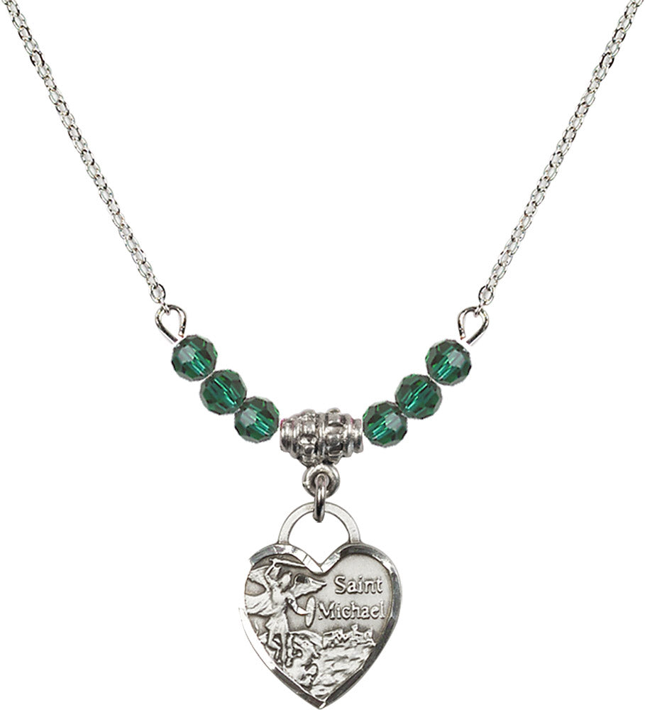 Sterling Silver Saint Michael Heart Birthstone Necklace with Emerald Beads - 3403