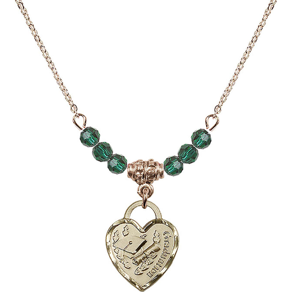 14kt Gold Filled Graduation Heart Birthstone Necklace with Emerald Beads - 3406