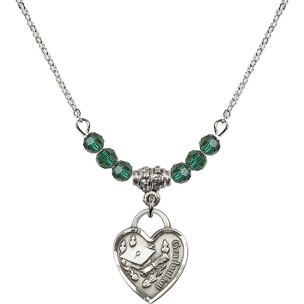 Sterling Silver Graduation Heart Birthstone Necklace with Emerald Beads - 3406