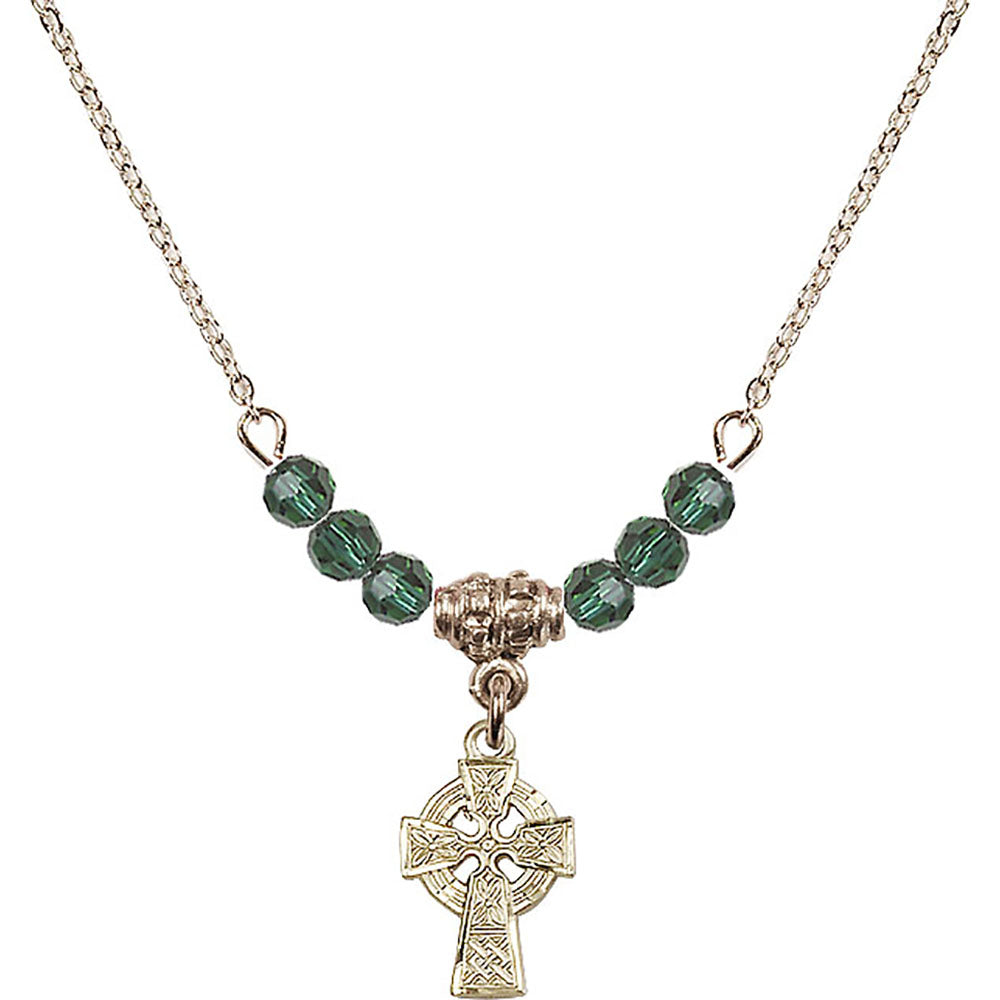 14kt Gold Filled Celtic Cross Birthstone Necklace with Emerald Beads - 4133
