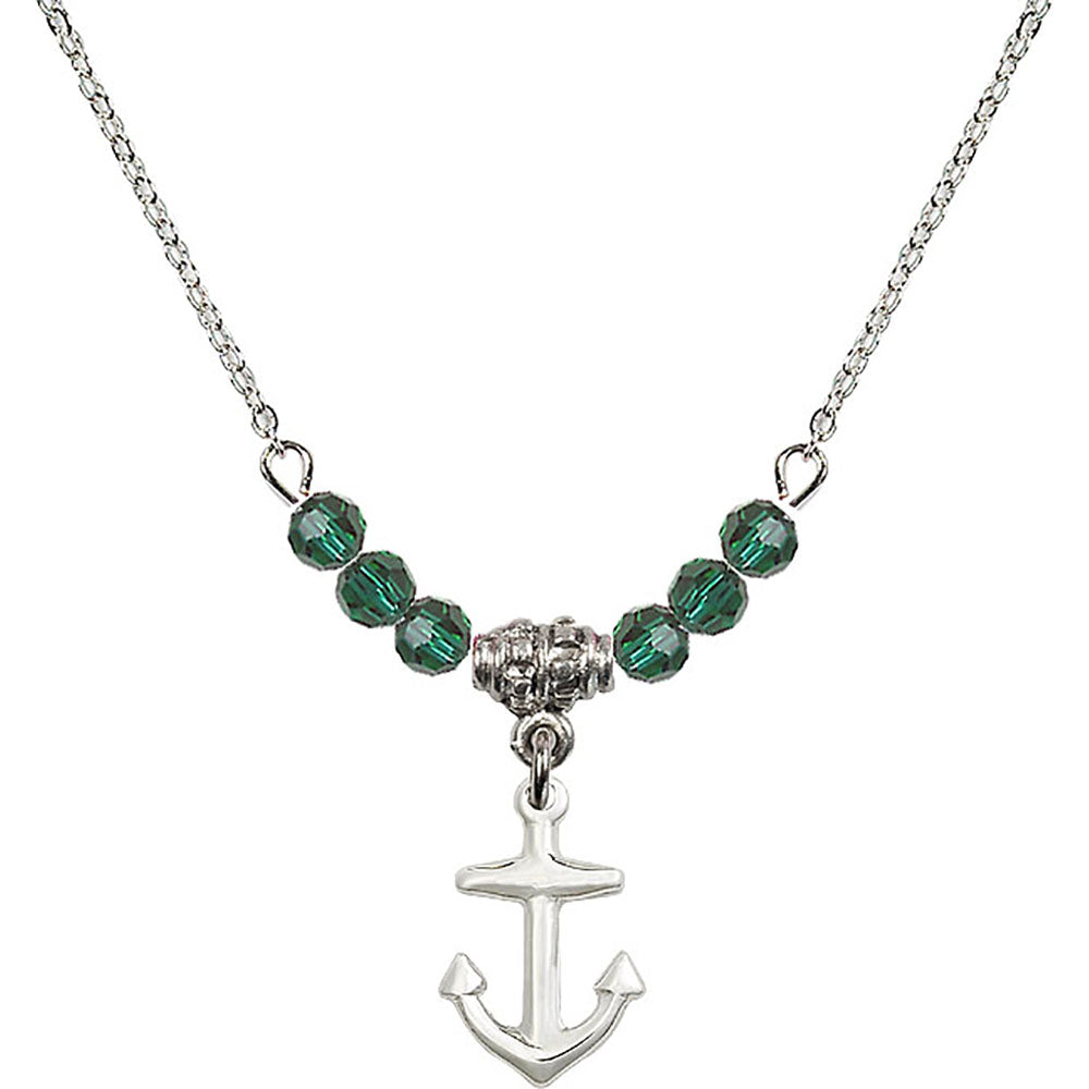 Sterling Silver Anchor Birthstone Necklace with Emerald Beads - 4158