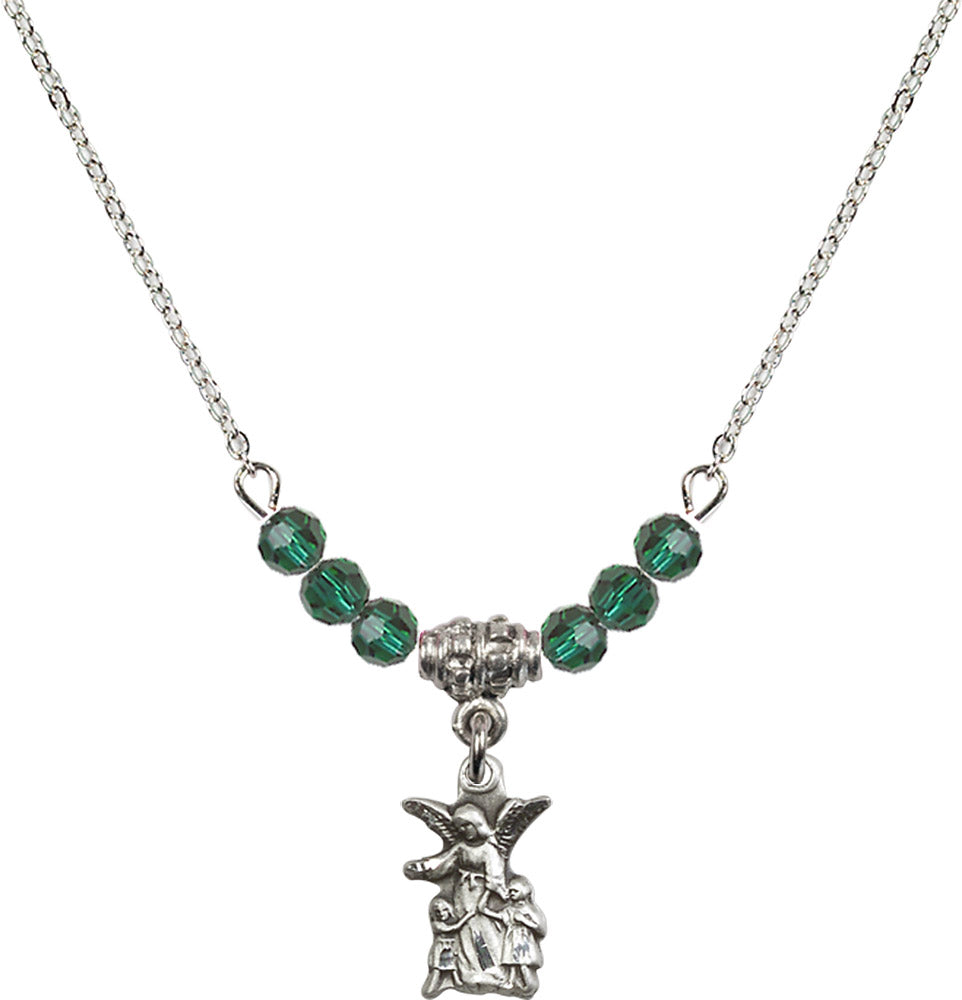 Sterling Silver Guardian Angel Birthstone Necklace with Emerald Beads - 4253