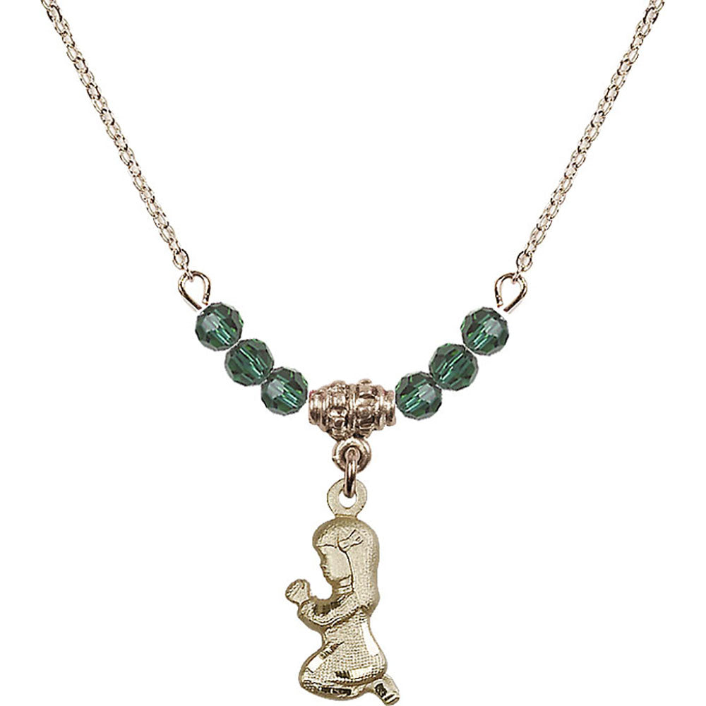14kt Gold Filled Praying Girl Birthstone Necklace with Emerald Beads - 4262