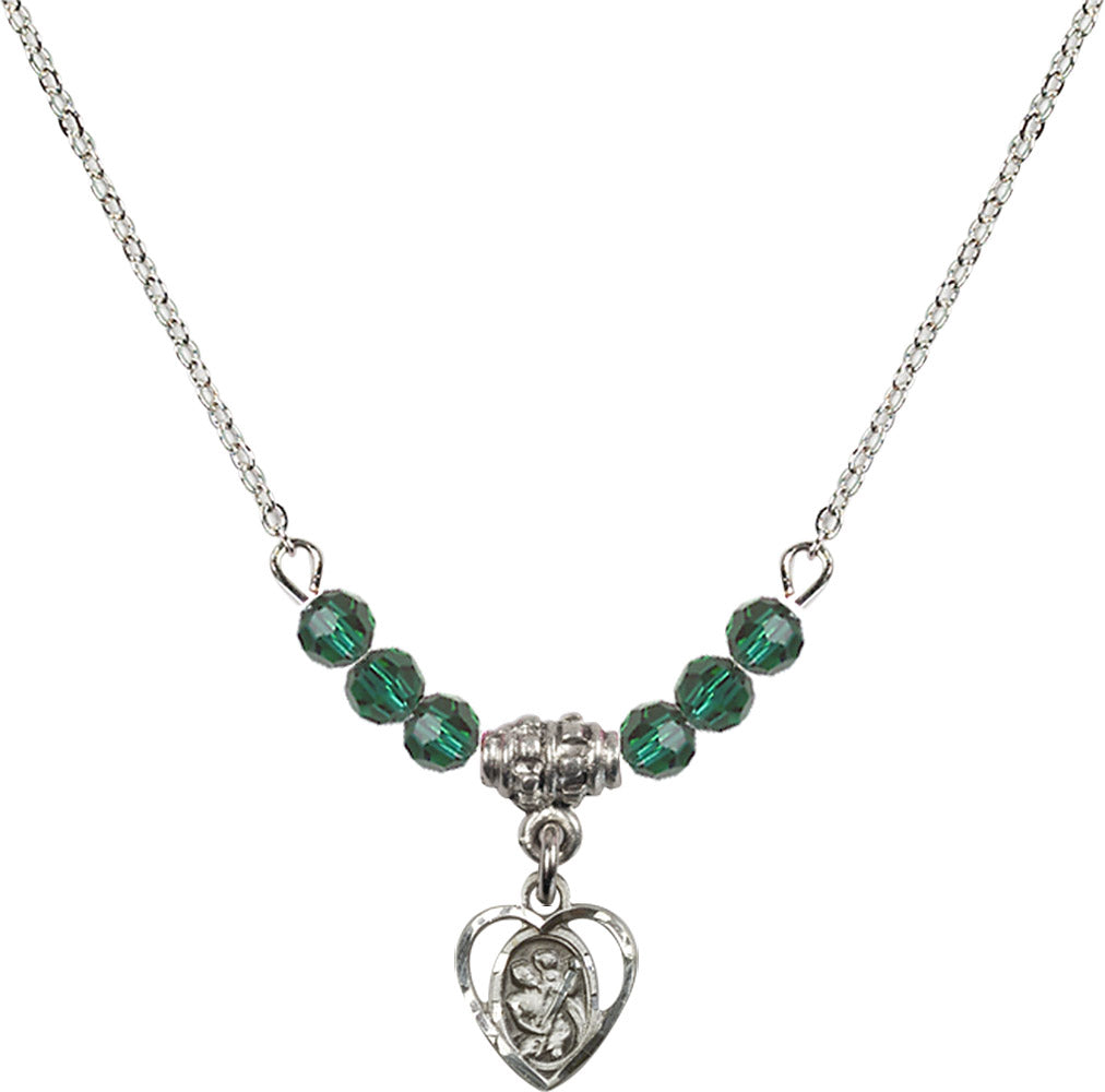 Sterling Silver Saint Christopher Birthstone Necklace with Emerald Beads - 5403