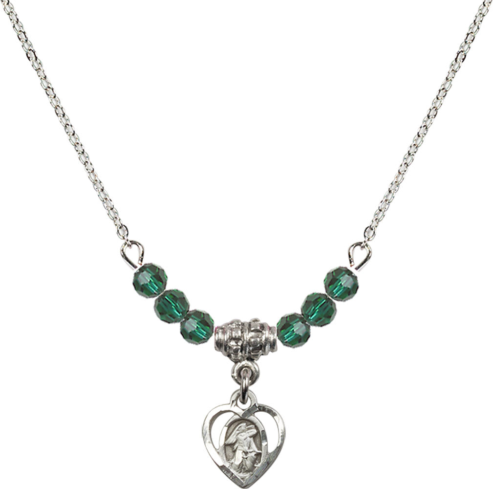 Sterling Silver Guardian Angel Birthstone Necklace with Emerald Beads - 5407