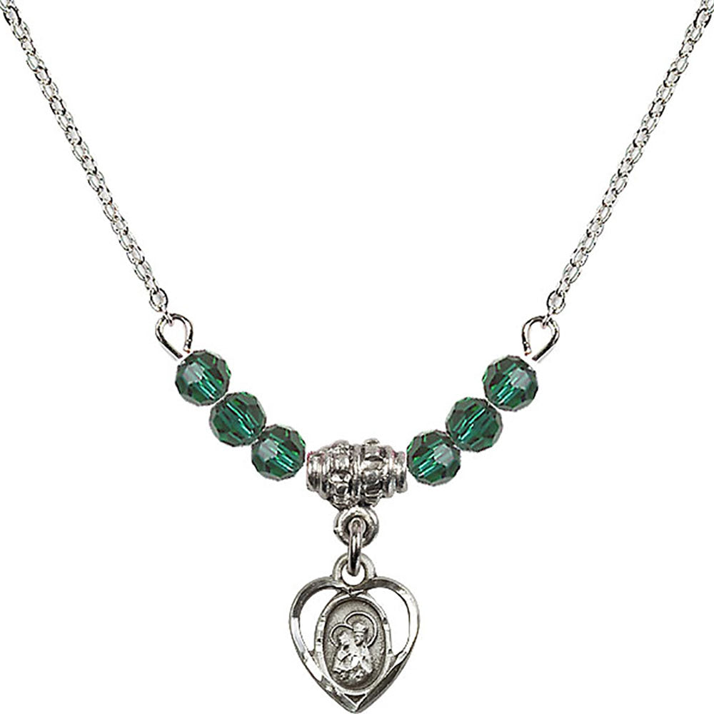 Sterling Silver Saint Ann Birthstone Necklace with Emerald Beads - 5414
