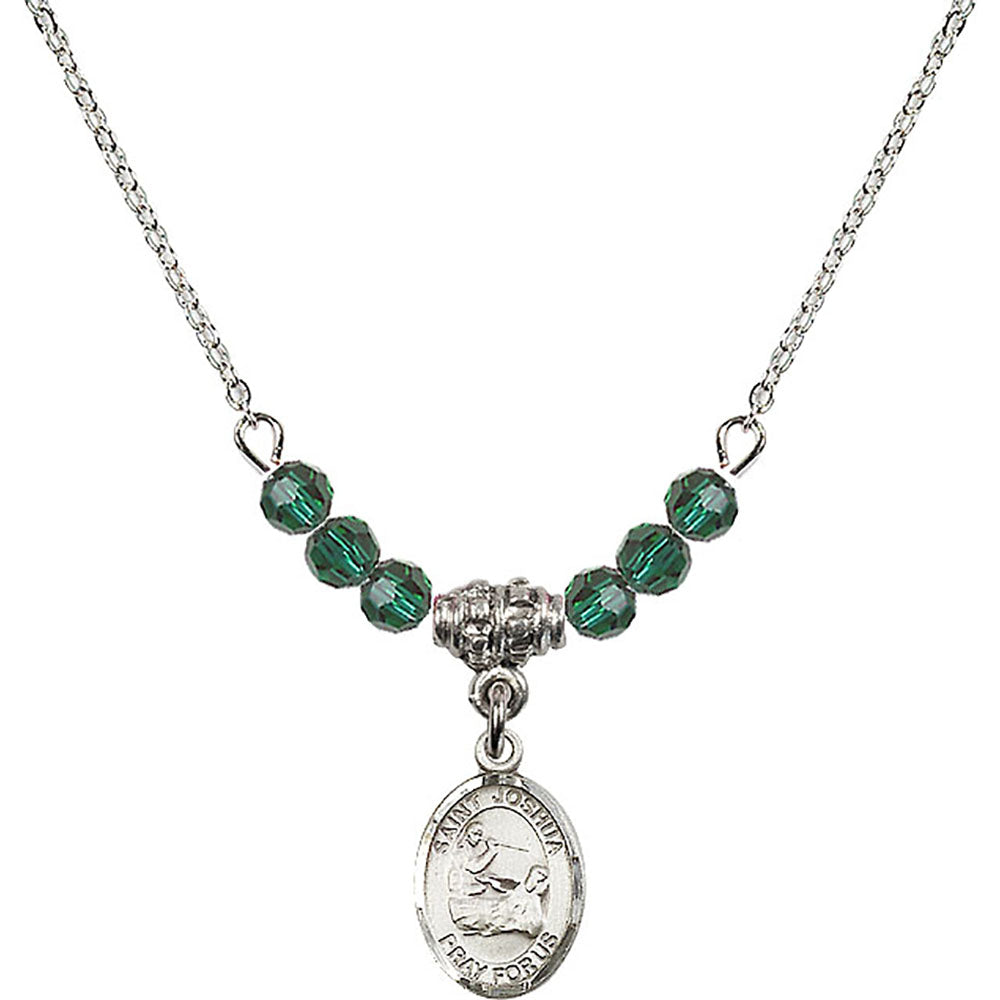Sterling Silver Saint Joshua Birthstone Necklace with Emerald Beads - 9059