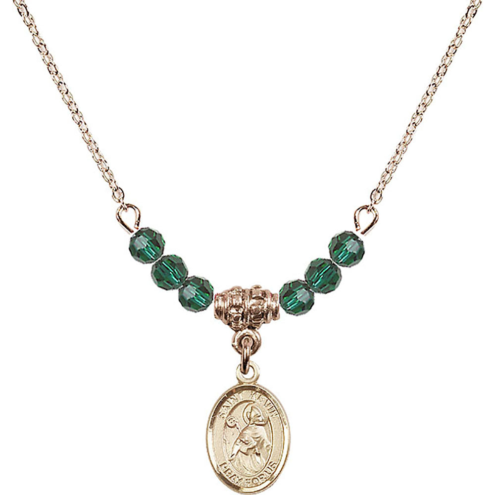 14kt Gold Filled Saint Kevin Birthstone Necklace with Emerald Beads - 9062
